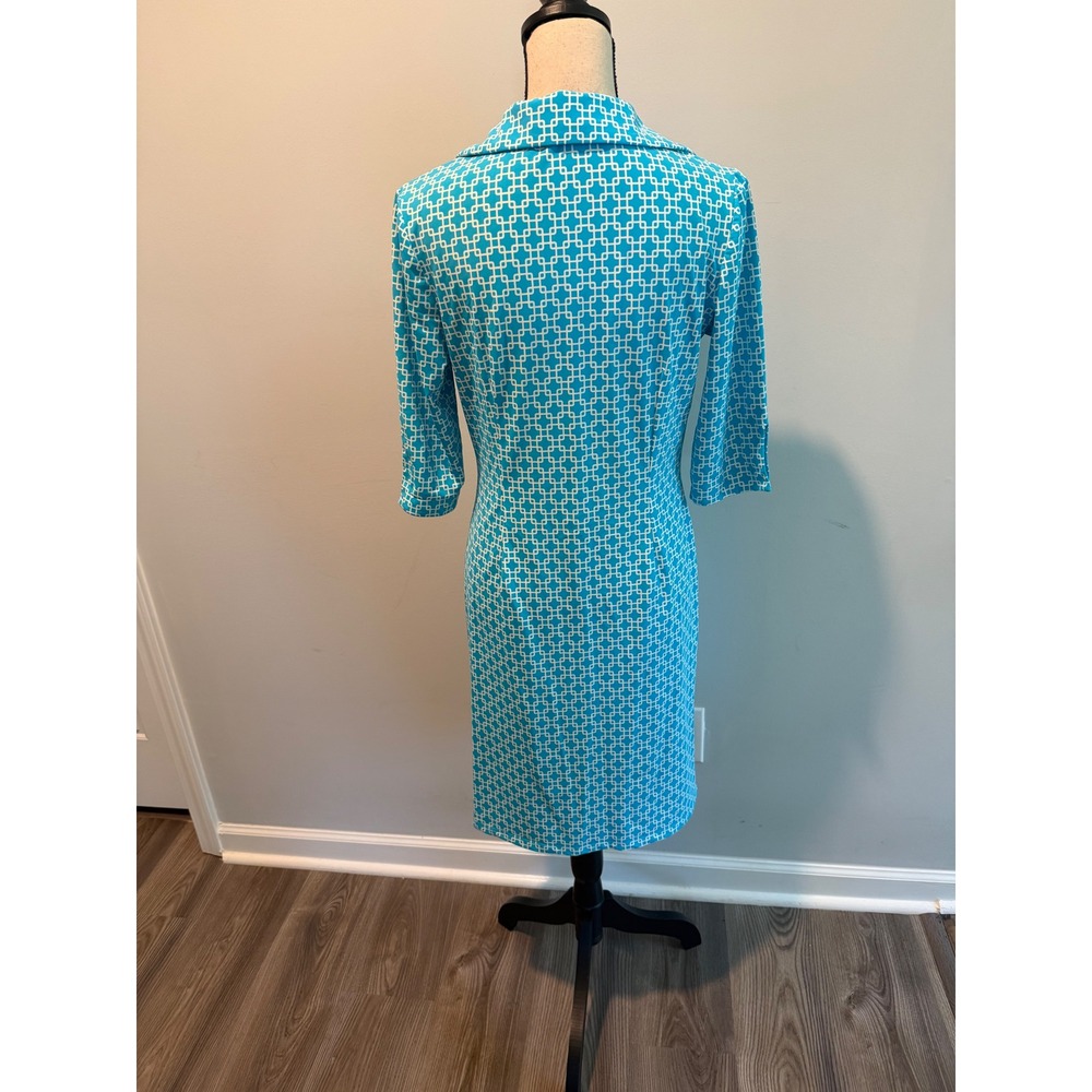 Jude Connally Blue White Geometric Print V-Neck Sheath Dress Size Medium - Picture 3 of 6